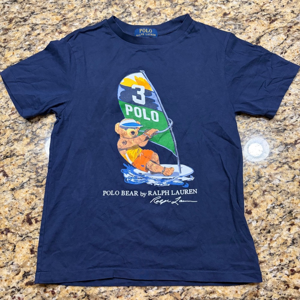 Polo Ralph Lauren Kids Navy Blue Windsurfing Polo Bear Graphic T-Shirt 8 S ws